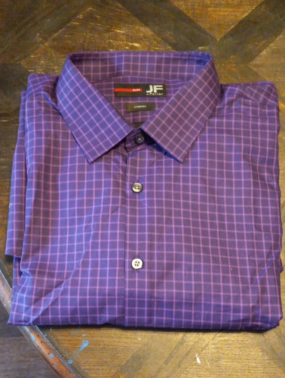 17-17 1/2 32-33 Slim JF J.Ferrar Purple Windowpane Dress Shirt